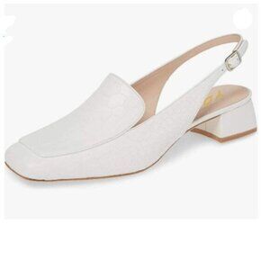 YDN White Closed Square Toe Block Low Heels Slingback Formal Loafer Dressy Shoes